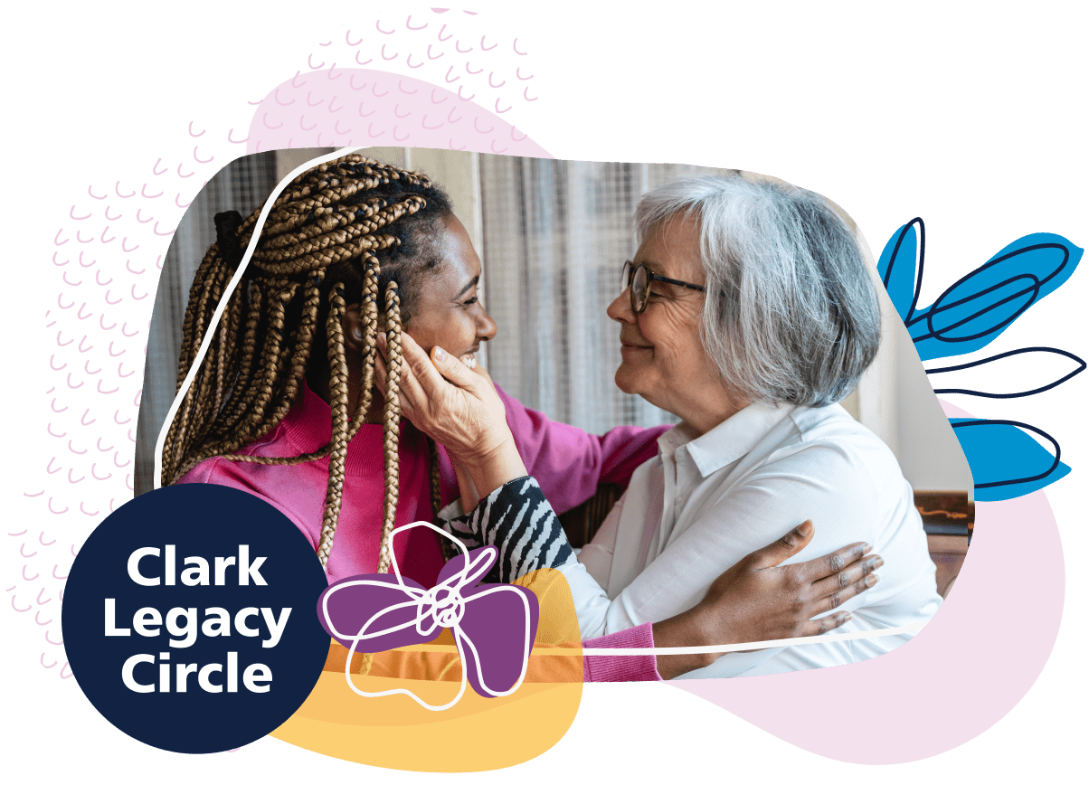Clark Legacy Circle logo with photo of a an older white woman and a younger black woman embracing