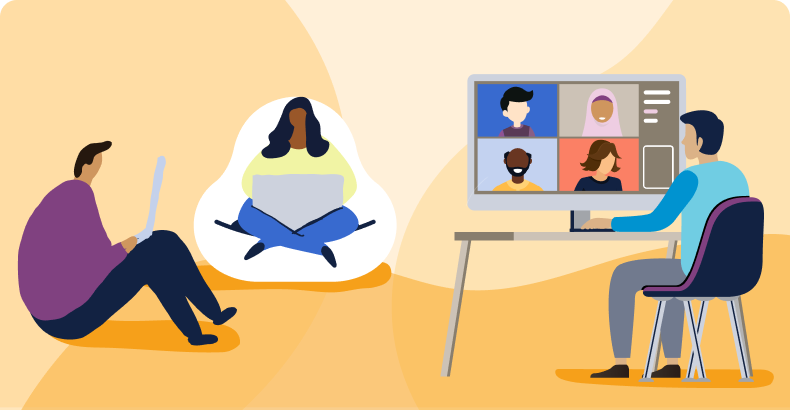 Graphic of adults attending virtual meetings on a gold background