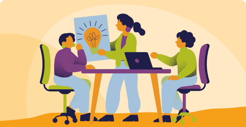 Graphic of three teachers engaged in idea sharing on a gold background
